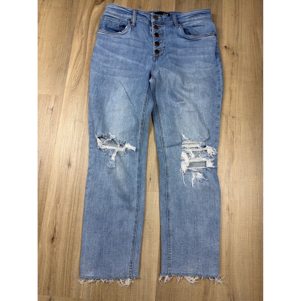 KUT from the Kloth Rachael High Rise Mom Jeans Blue Distressed Button Fly‎ 8